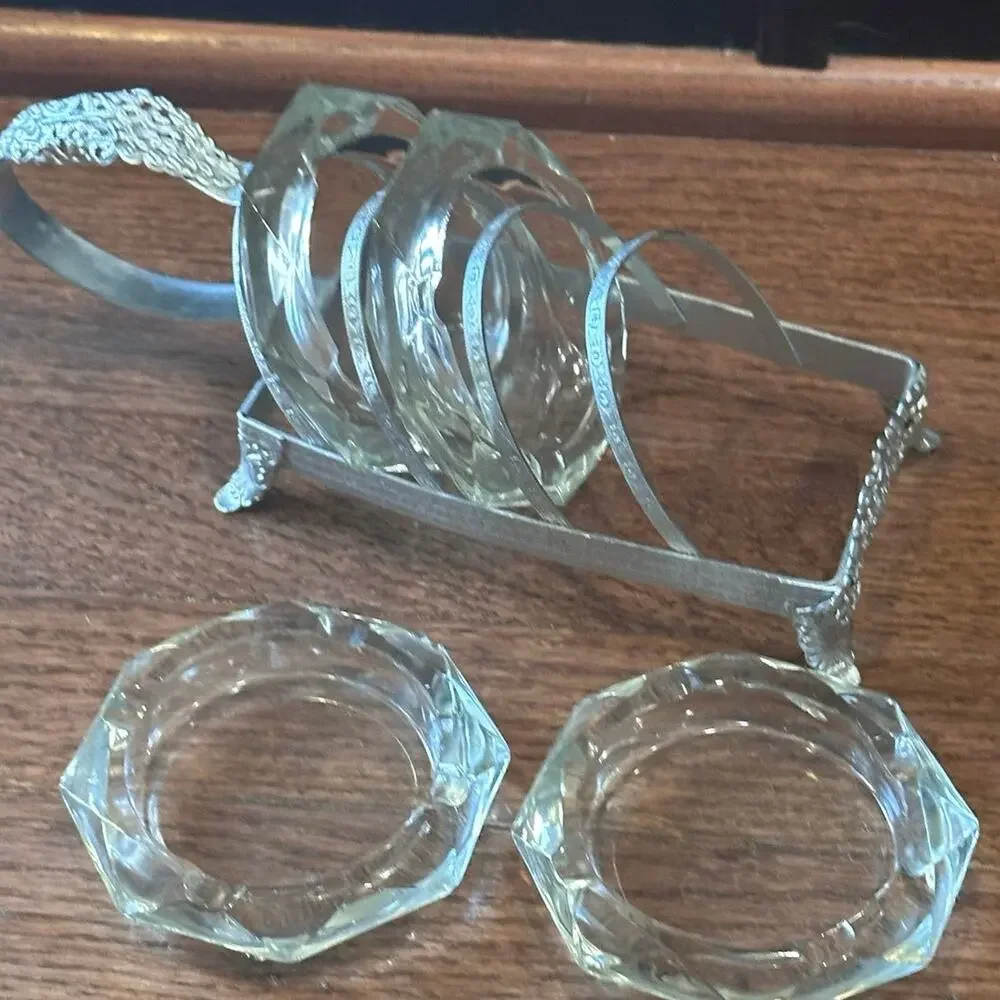 Vintage Mid Century Glass Ashtray & Caddy Set Floral-Like New